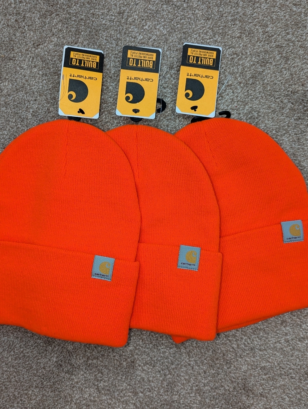 (3) Neon Orange Carhartt Knit Cuffed Bright Beanie One Size Unisex Adult Hat Lot